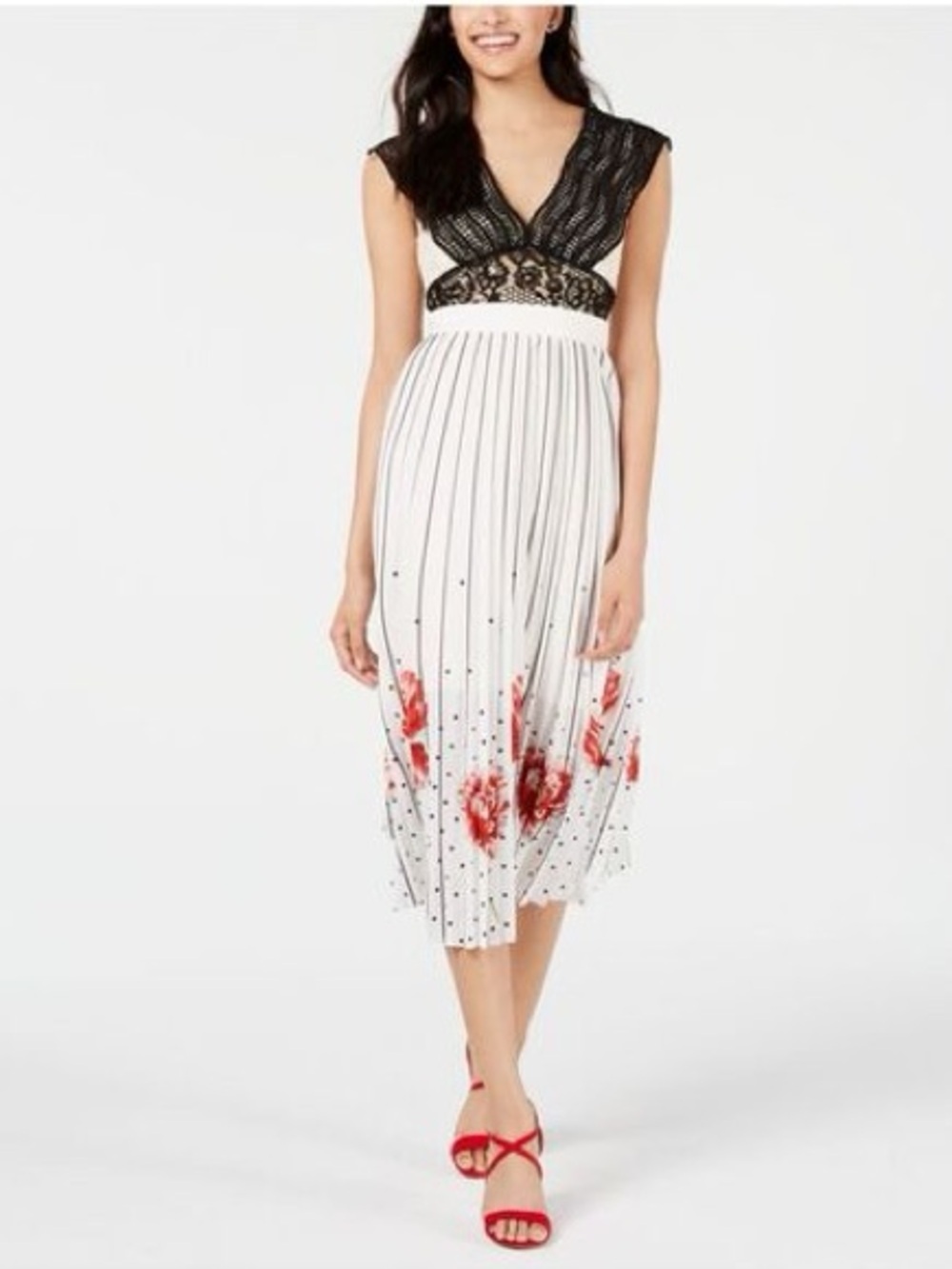 Foxiedox Hera Crochet Lace & Pleated Printed Midi Dress